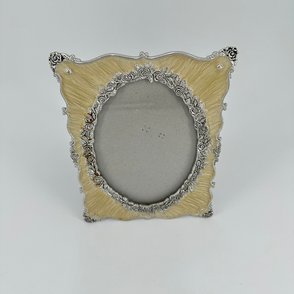 Vintage Ornate Silver Tone Rose Floral Cream Enamel Oval Picture Frame Tabletop